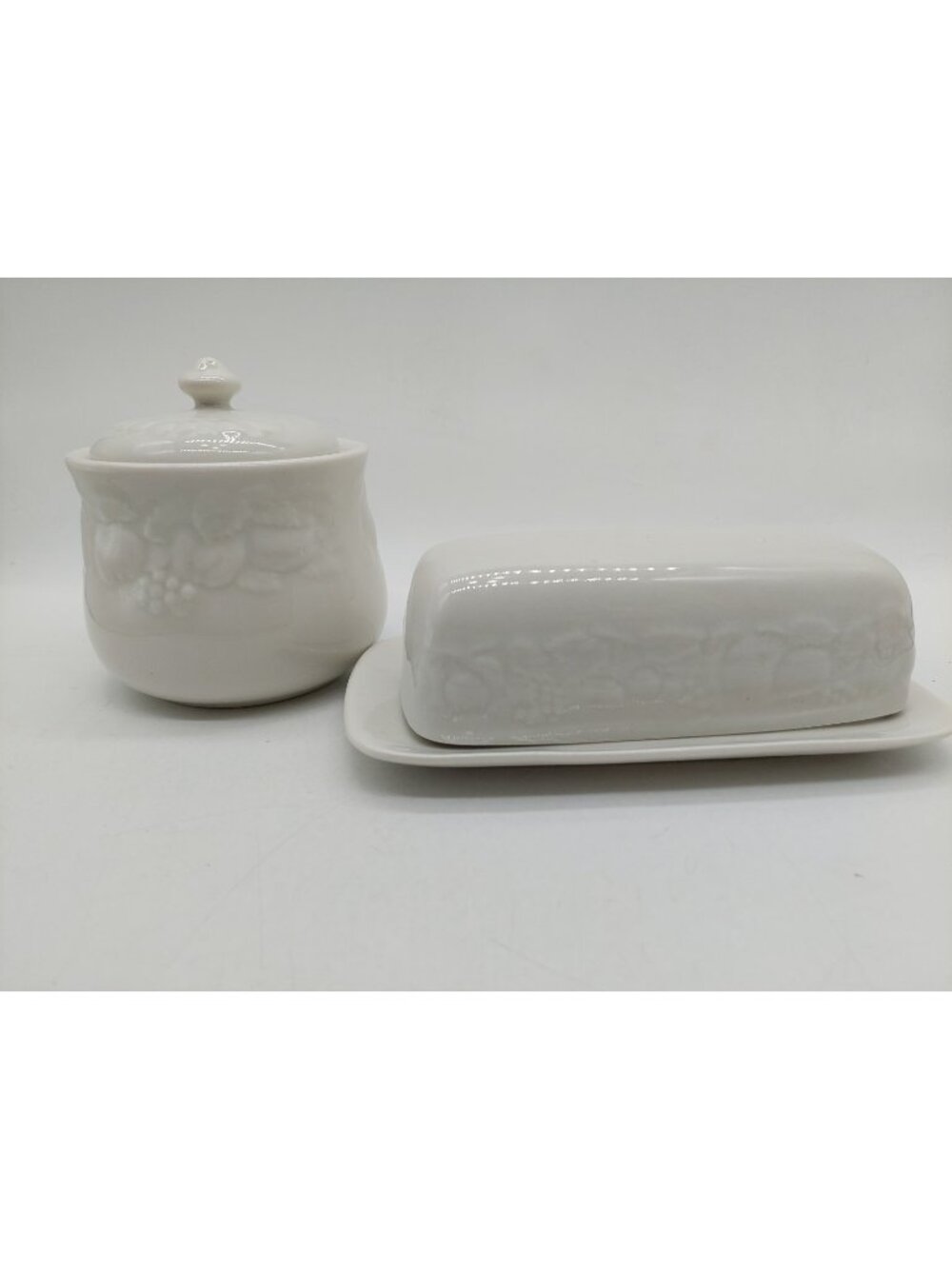 Tabletops Unlimited Fruit de Blanc Sugar Bowl Butter Dish Set White Set Of 2